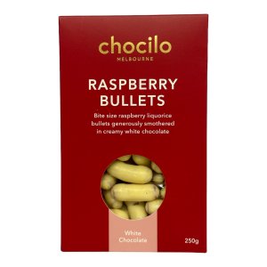 chocilo white chocolate raspberry bullets 250g
