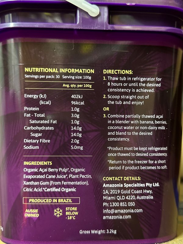 ACAI 3kg nutritional information