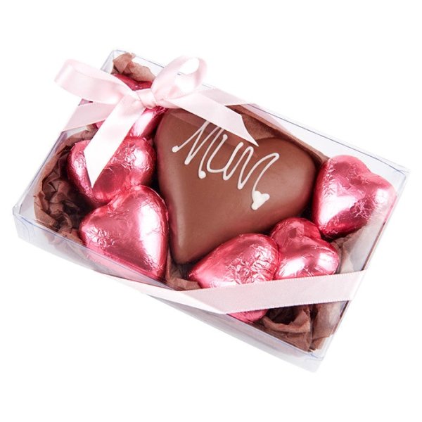 “MUM” Milk Chocolate Praline Heart & 6 Pink Foiled Hearts Gift Box - 75g